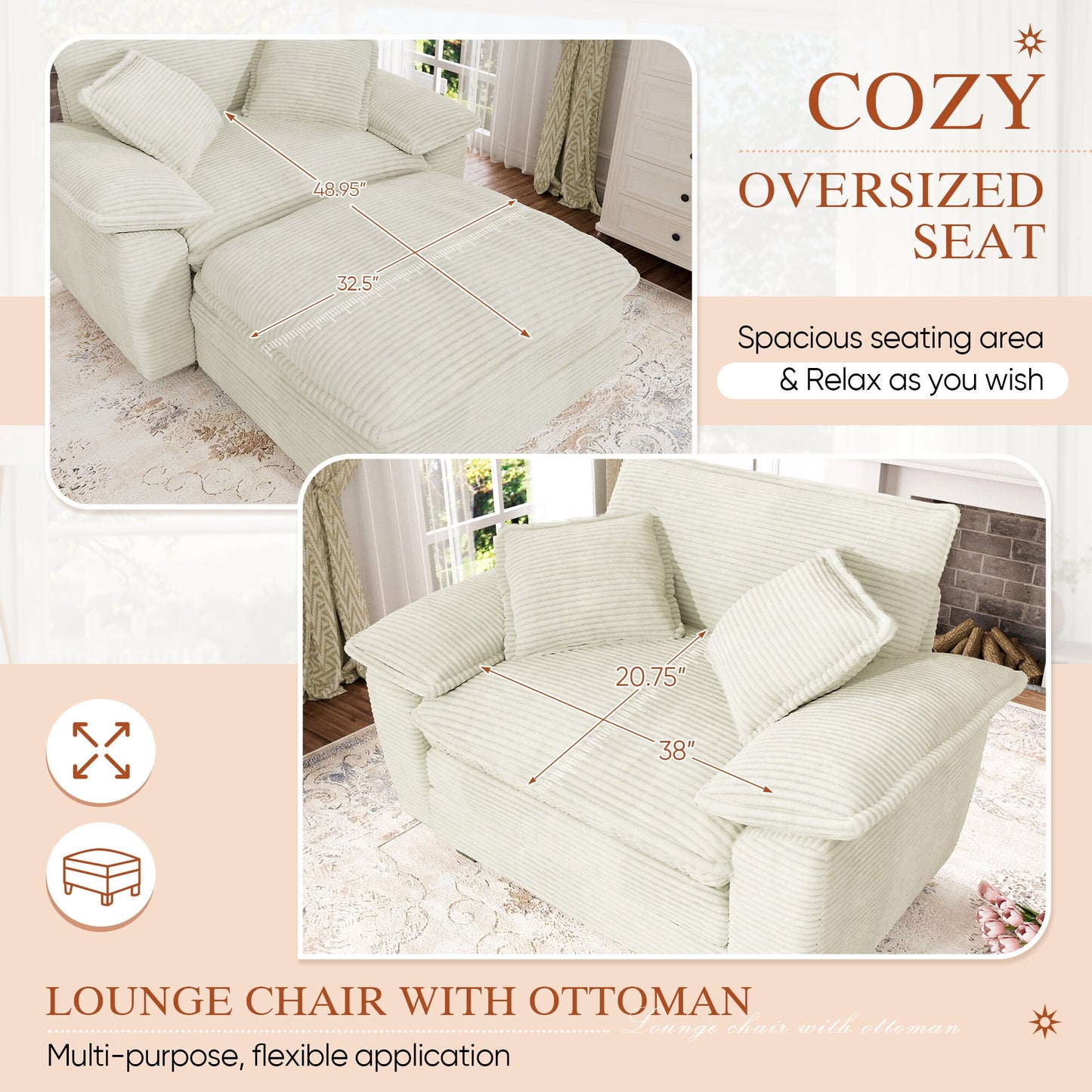 Muumblus Oversized Accent Chair with Ottoman, 48" Indoor Chaise Lounge Cloud Sofa Reading Armchair for Modern Living Room, Bedroom, Beige Corduroy