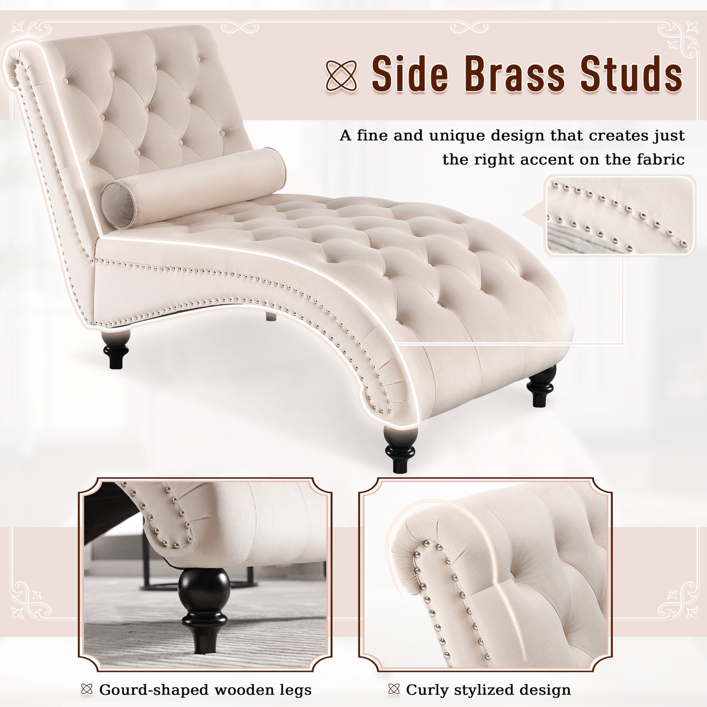 KINFFICT Velvet Chaise Lounge Indoor, Tufted lounge chair with Wood Legs, Leisure Accent Chair Upholstered Lounge Couch for Bedrooom Living Room, Beige