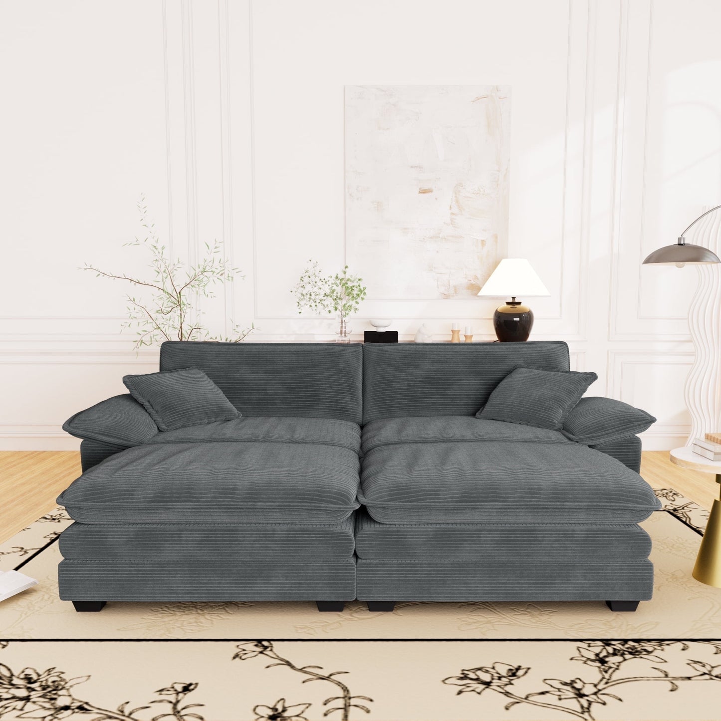 Muumblus Comfy Modular Sectional Sofa with 2 Ottoman, Deep Seat 80.5" Modern Oversized Corduroy Cloud Couch, Fluffy Deep Seat Chaise Lounge Sleeper Sofa for Living Room Apartment, Gray