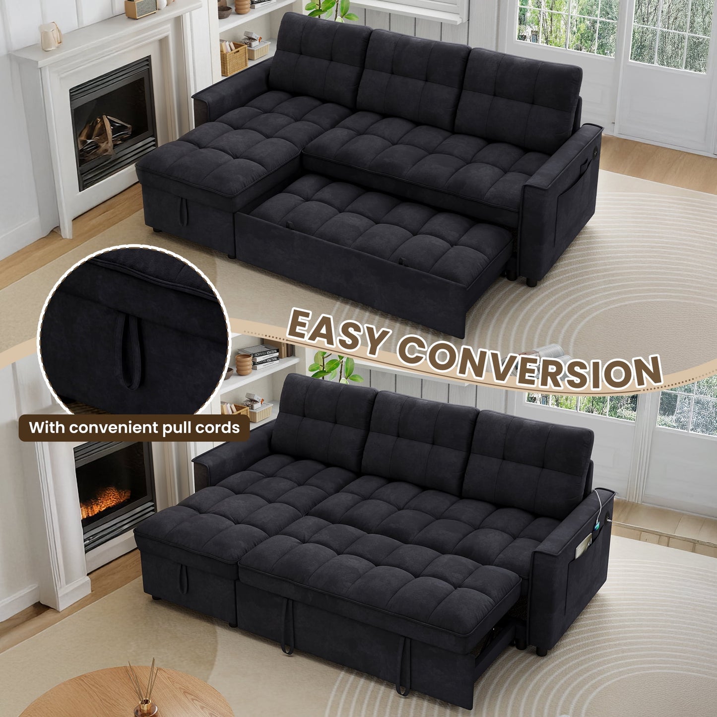 Muumblus Convertible Sofa Bed, Sectional Sleeper Sofa with Storage Chaise, L-Shaped Couch for Living Room, Black Chenille