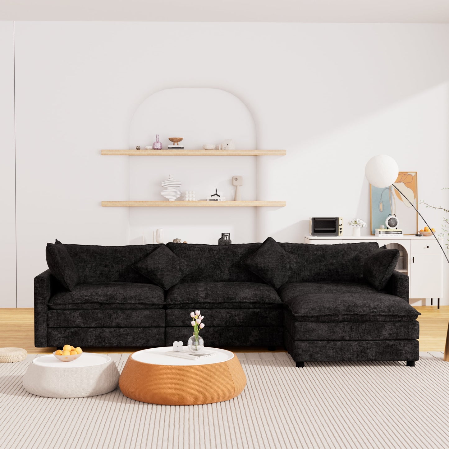 Muumblus Sectional Cloud Couch with Reversible Ottoman, L-Shaped Chenille Sofa for Living Room, Black