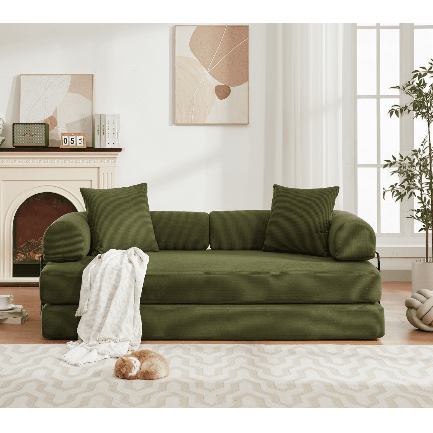 Muumblus Convertible Futon Floor Sofa Bed, Comfy Foldable Sleeper Cloud Couch for Living Room, Bedroom, Green Corduroy