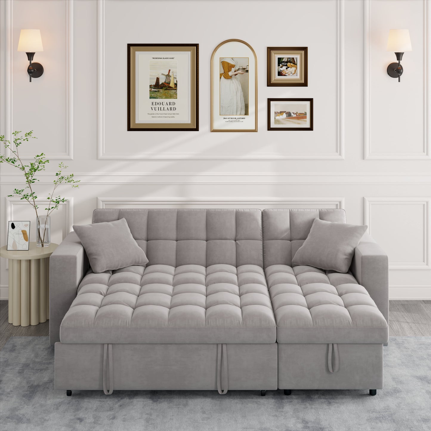 Muumblus 84" Queen Size Convertible Sectional Sleeper Sofa with Storage, Adjustable Backrest, Reversible L-Shaped Pull Out Couch Bed for Living Room, Guest Room, Gray Velvet