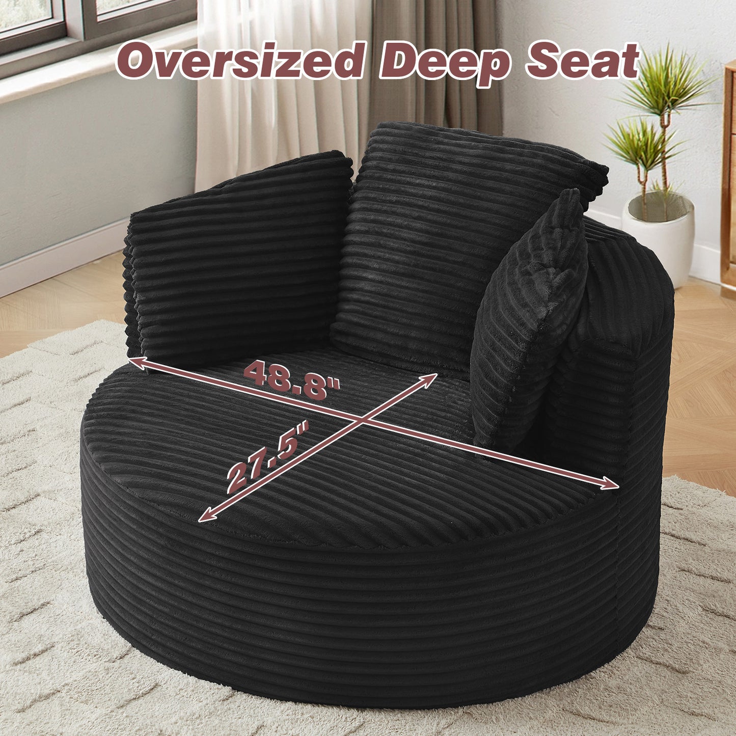 Muumblus 48.8" Oversized Accent Barrel Chair, Fluffy Round Lazy Sofa Chair for Adults, No Assembly Required, Black Corduroy