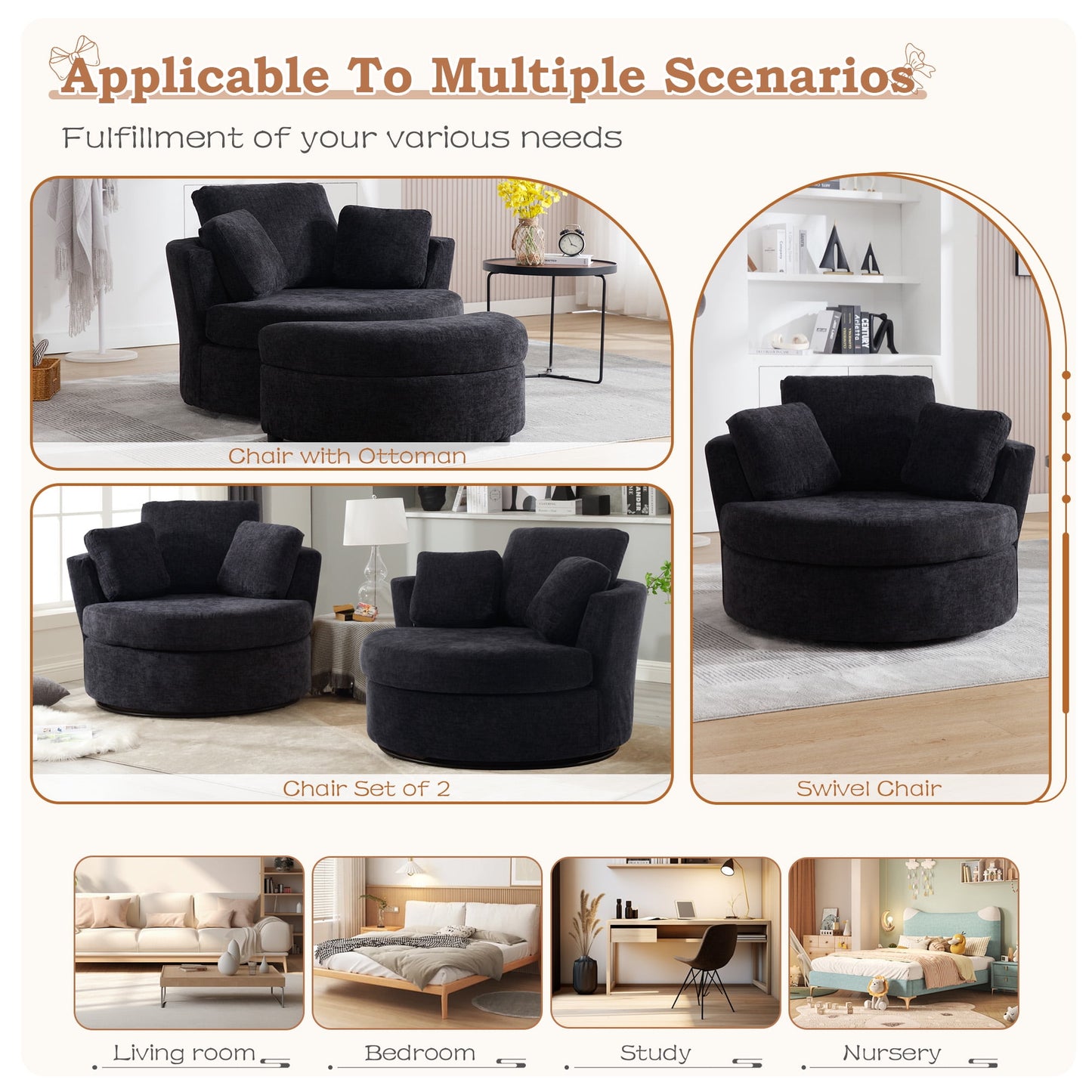 Muumblus Chenille Swivel Accent Chair Barrel Chair, Oversized Comfy Armchair with Pillows, Modern Leisure Sofa Chair for Living Room Bedroom, Black