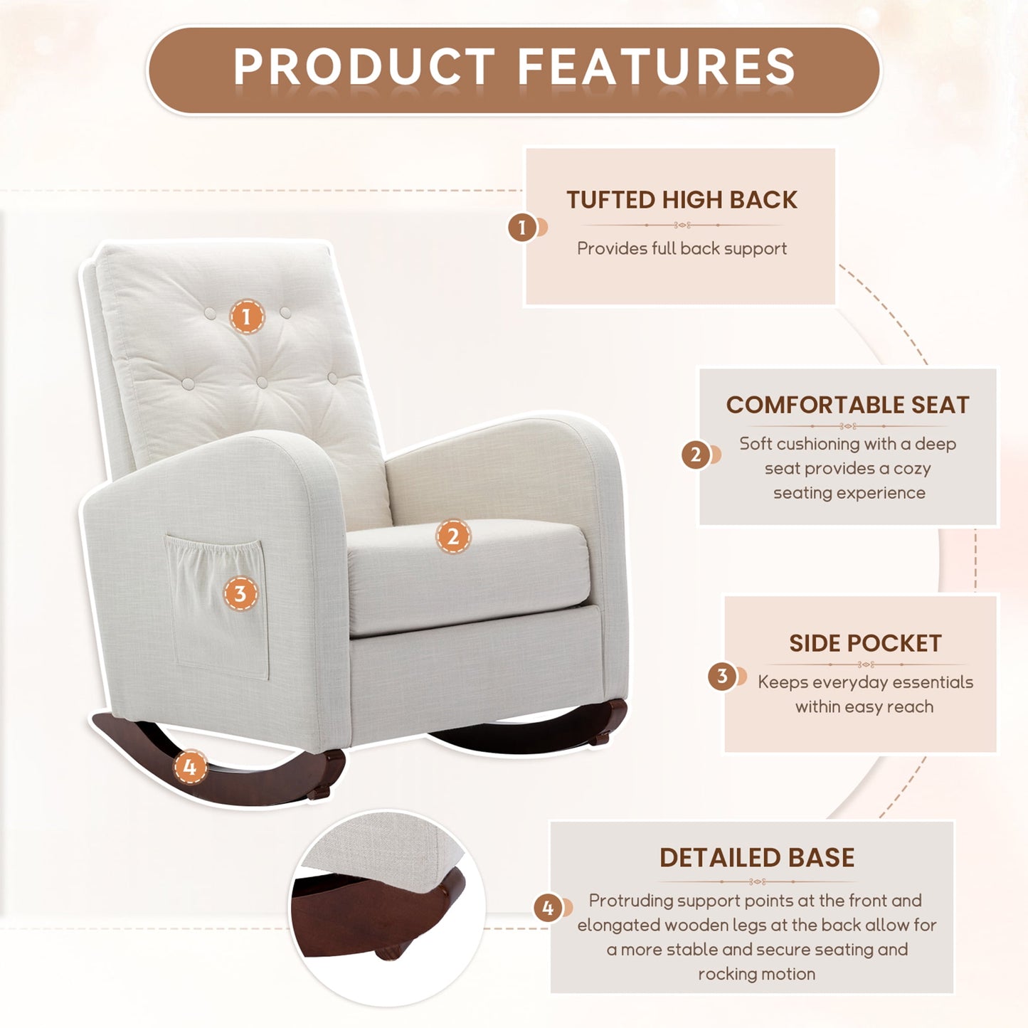 Muumblus Glider Rocker for Living Room, Rocking Chair for Nursery, Tufted High Back, Beige Linen