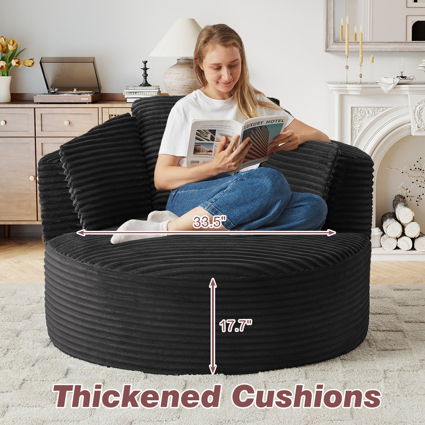 Muumblus 48.8" Oversized Accent Barrel Chair, Fluffy Round Lazy Sofa Chair for Adults, No Assembly Required, Black Corduroy