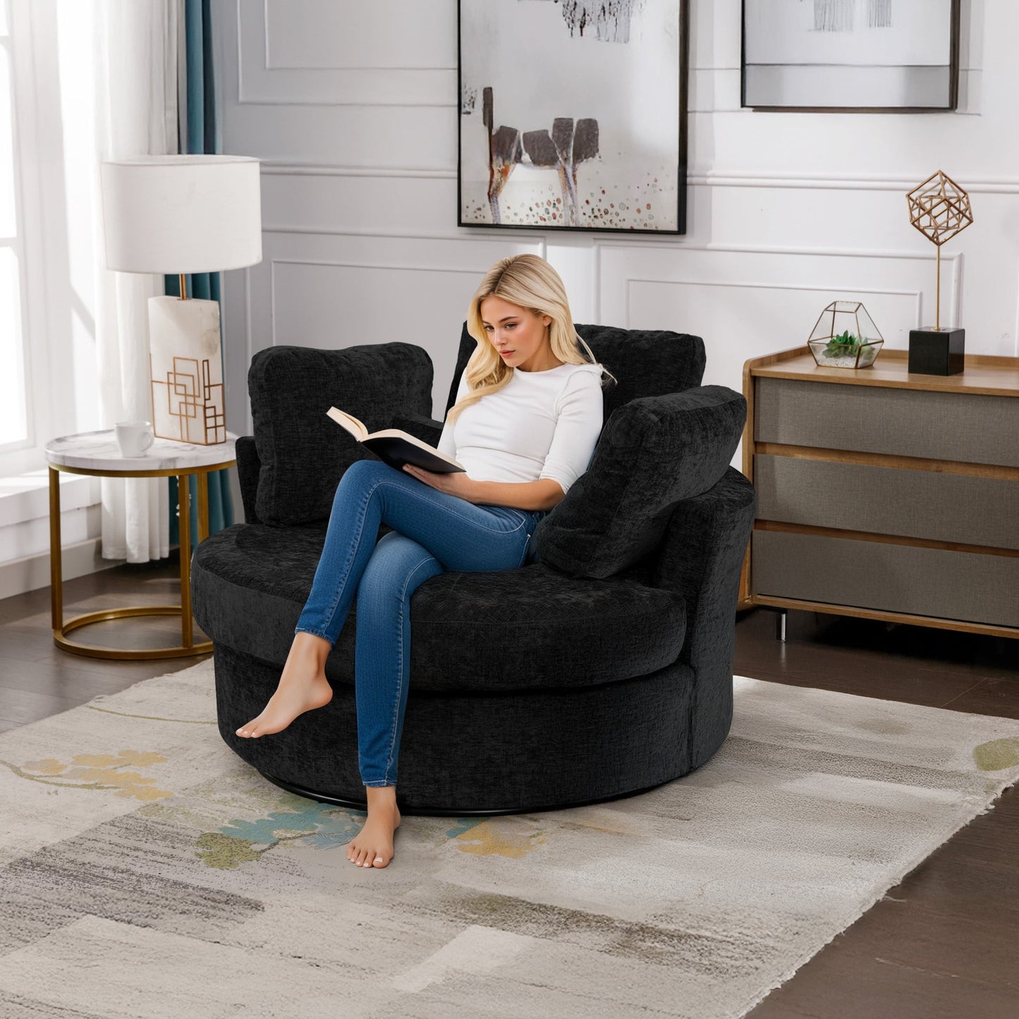 Muumblus 42"W Chenille Swivel Accent Barrel Chair, Modern Oversize Armchair Comfy Round Reading Chairs for Bedroom Living Room, Black