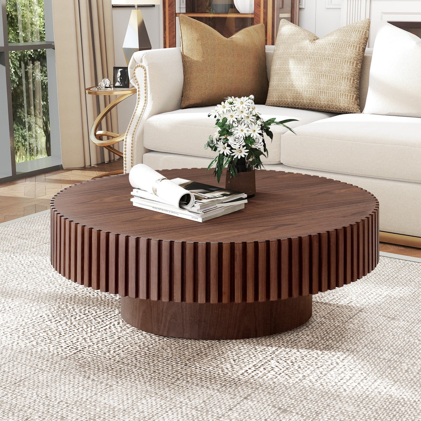 Muumblus 31.5" Walnut Coffee Table, Round Wood Modern Unique Fluted Accent Center Table for Living Room