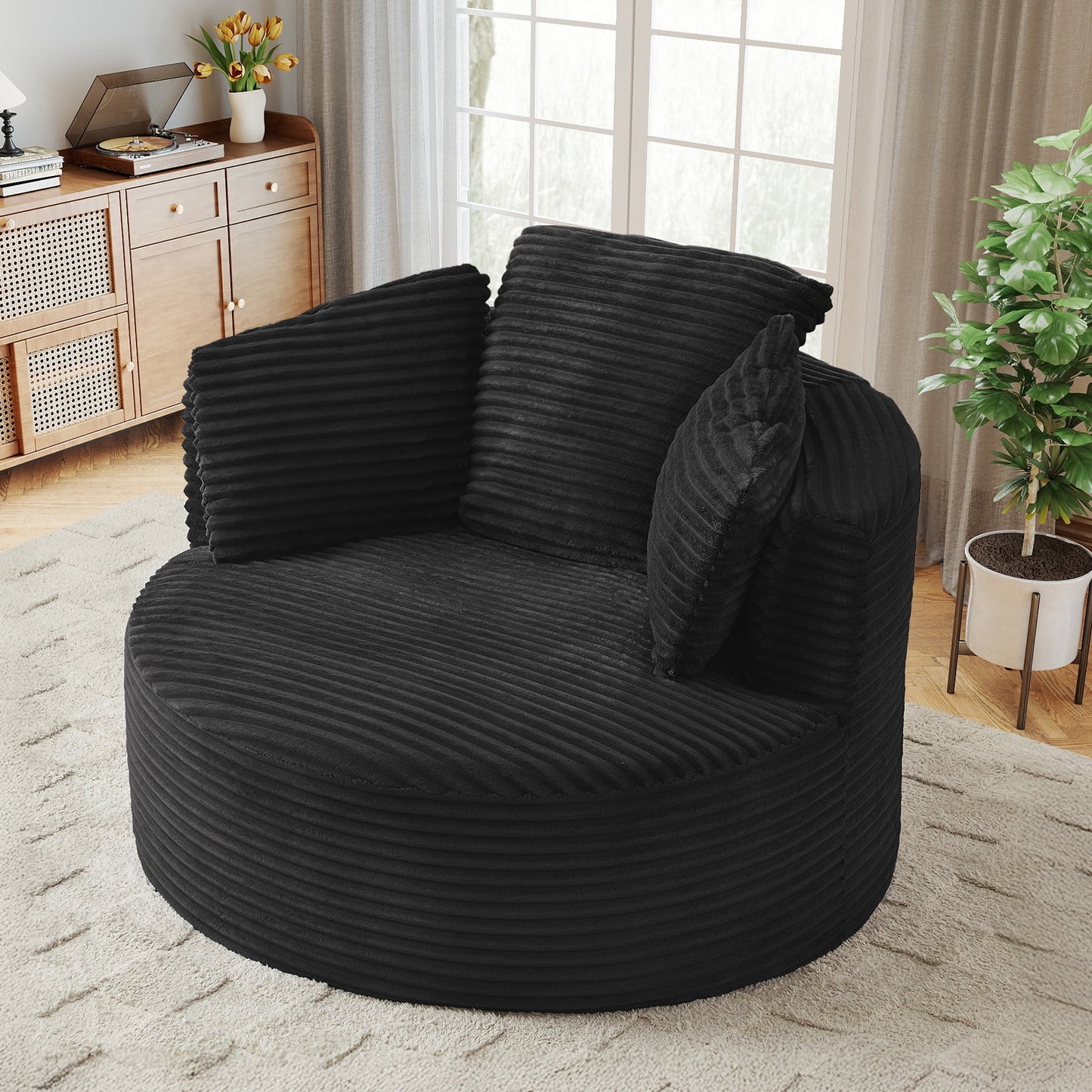 Muumblus 48.8" Oversized Accent Barrel Chair, Fluffy Round Lazy Sofa Chair for Adults, No Assembly Required, Black Corduroy