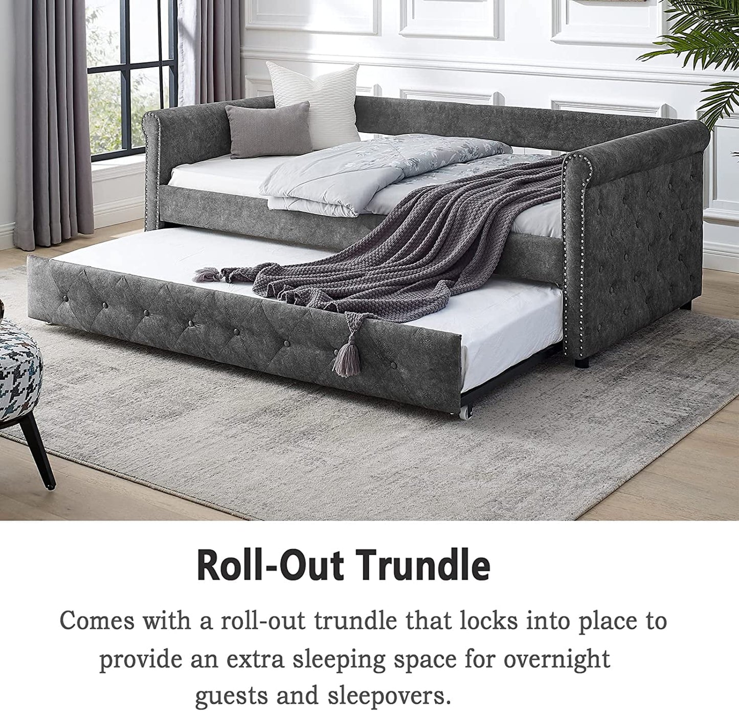 Daybed with Trundle, Muumblus Modren Kids Pull Out Sofa Bed for Bedroom & Living Room, Twin Size, Grey Linen Upholstered