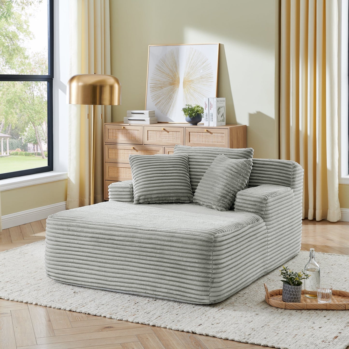 Muumblus Oversized Chaise Lounge Chair, No Assembly Required, Cozy Corduroy Sofa Bed for Living Room, Gray