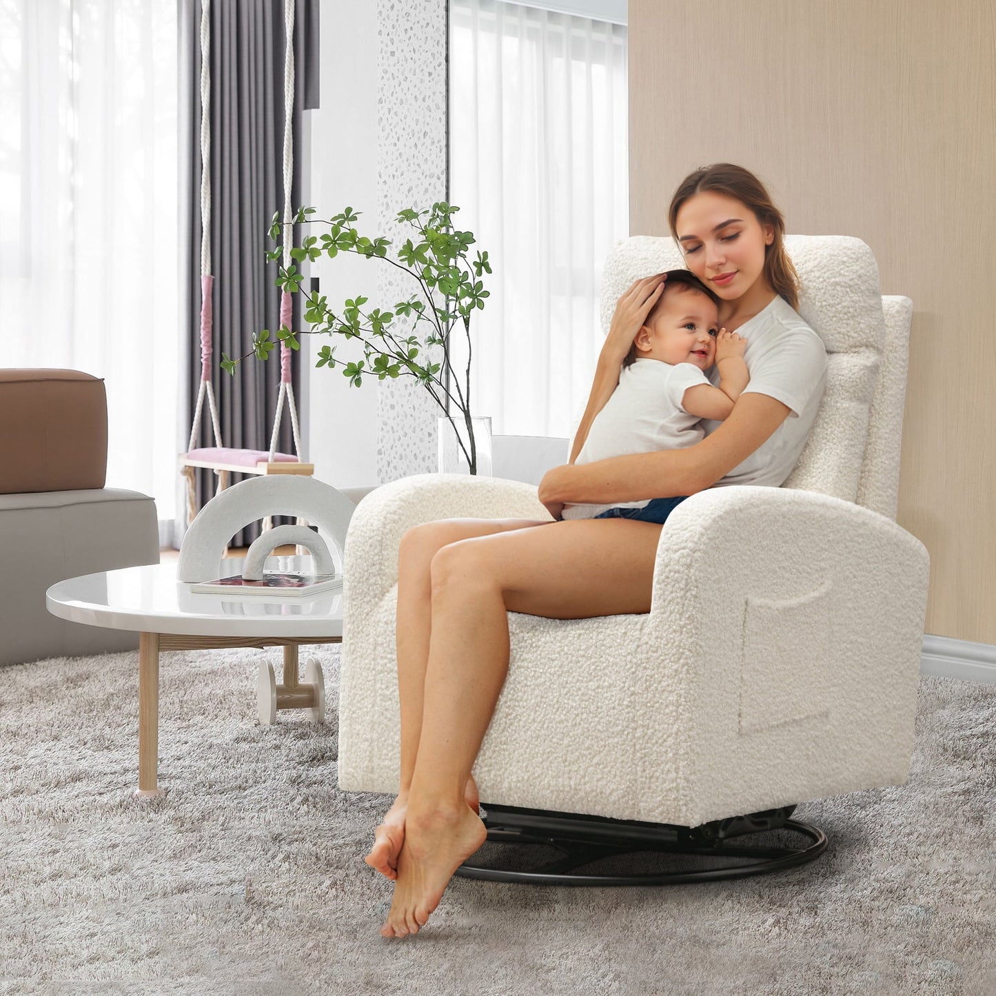 Muumblus Teddy Swivel Glider Rocking Chair for Baby Nursery, Indoor, White