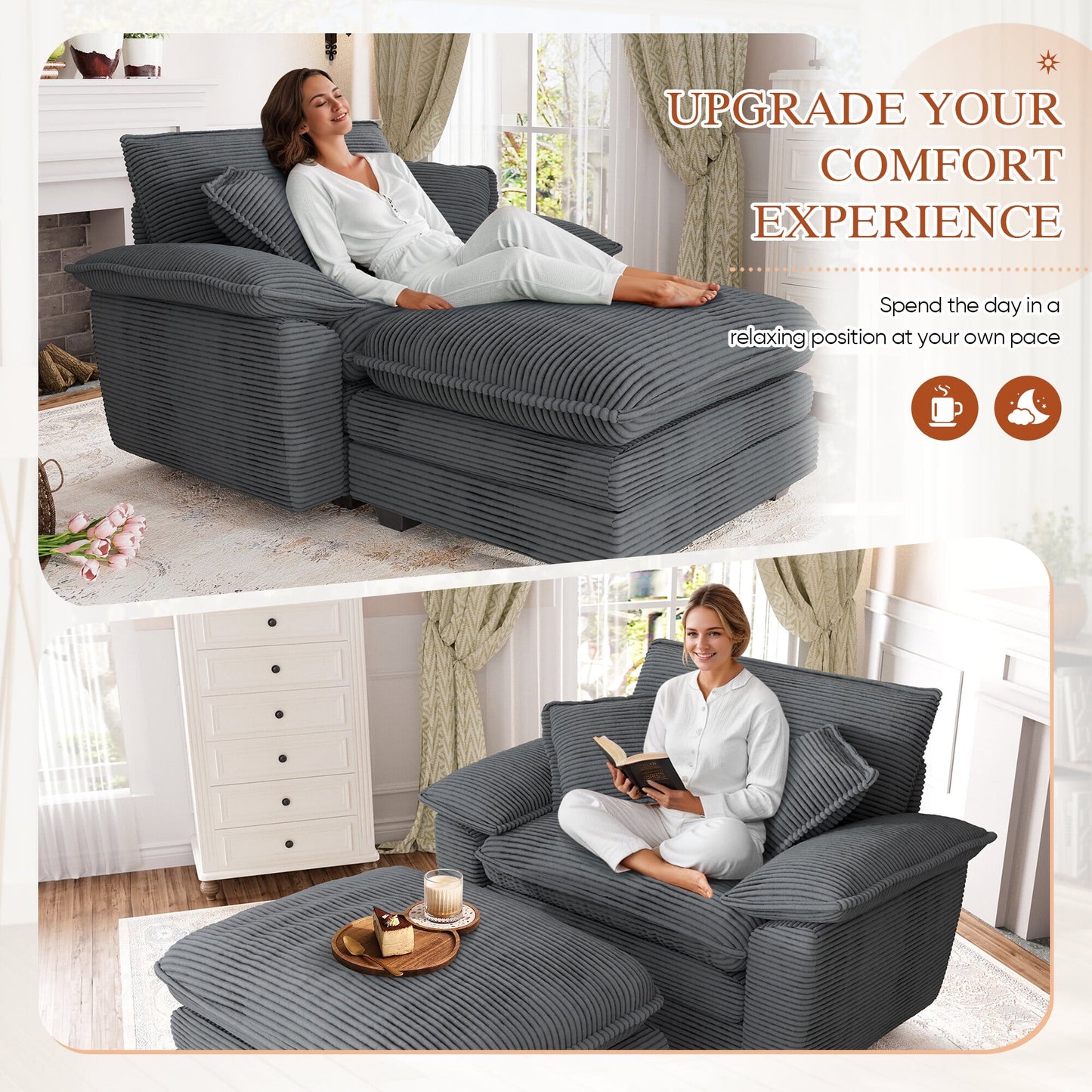 Muumblus Oversized Accent Chair with Ottoman, 48" Indoor Chaise Lounge Cloud Sofa Reading Armchair for Modern Living Room, Bedroom, Gray Corduroy