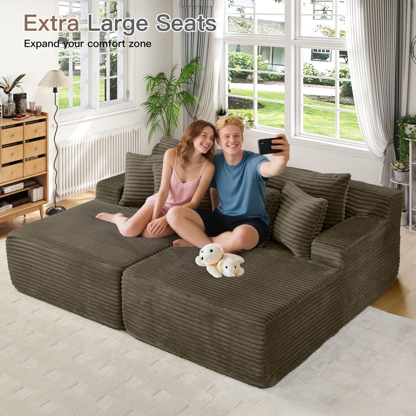 Muumblus 83" Oversized Double Chaise Lounge Chair Indoor, Modern Boneless Plush Corduroy Upholstered Modural Sectional Sleeper Cloud Couch for Living Room Apartment, Brown