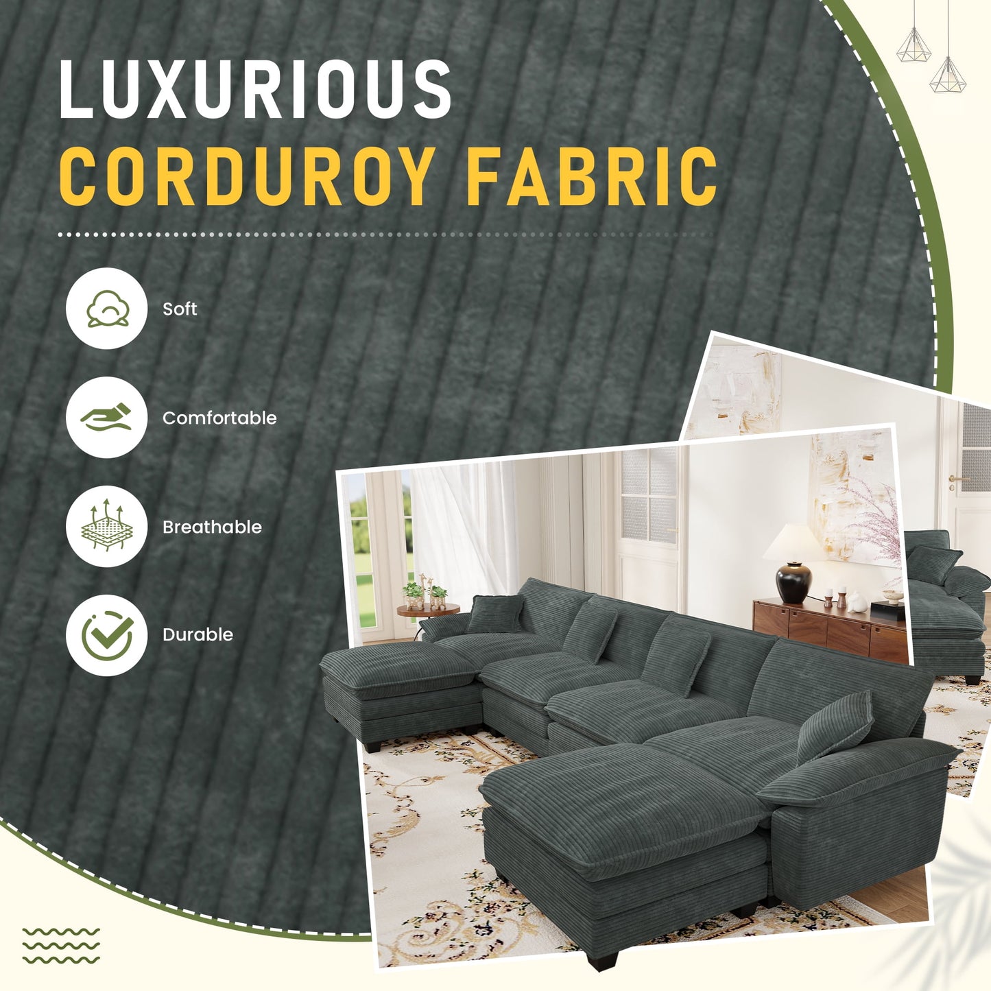 Muumblus Modular Sectional Sofa with 2 Ottoman, Oversize U-Shape Couch for Living Room, Modern Corduroy Sleeper Couches and Sofas Sectional, Gray