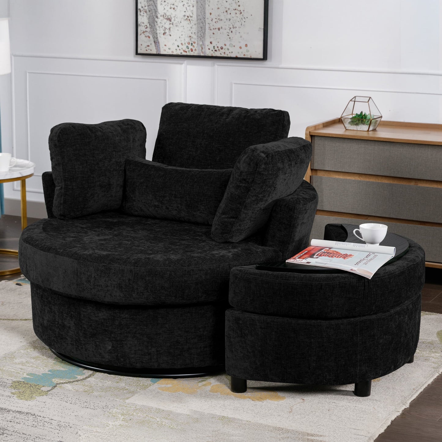 Muumblus 42"W Chenille Swivel Accent Barrel Chair, Modern Oversize Armchair Comfy Round Reading Chairs for Bedroom Living Room, Black