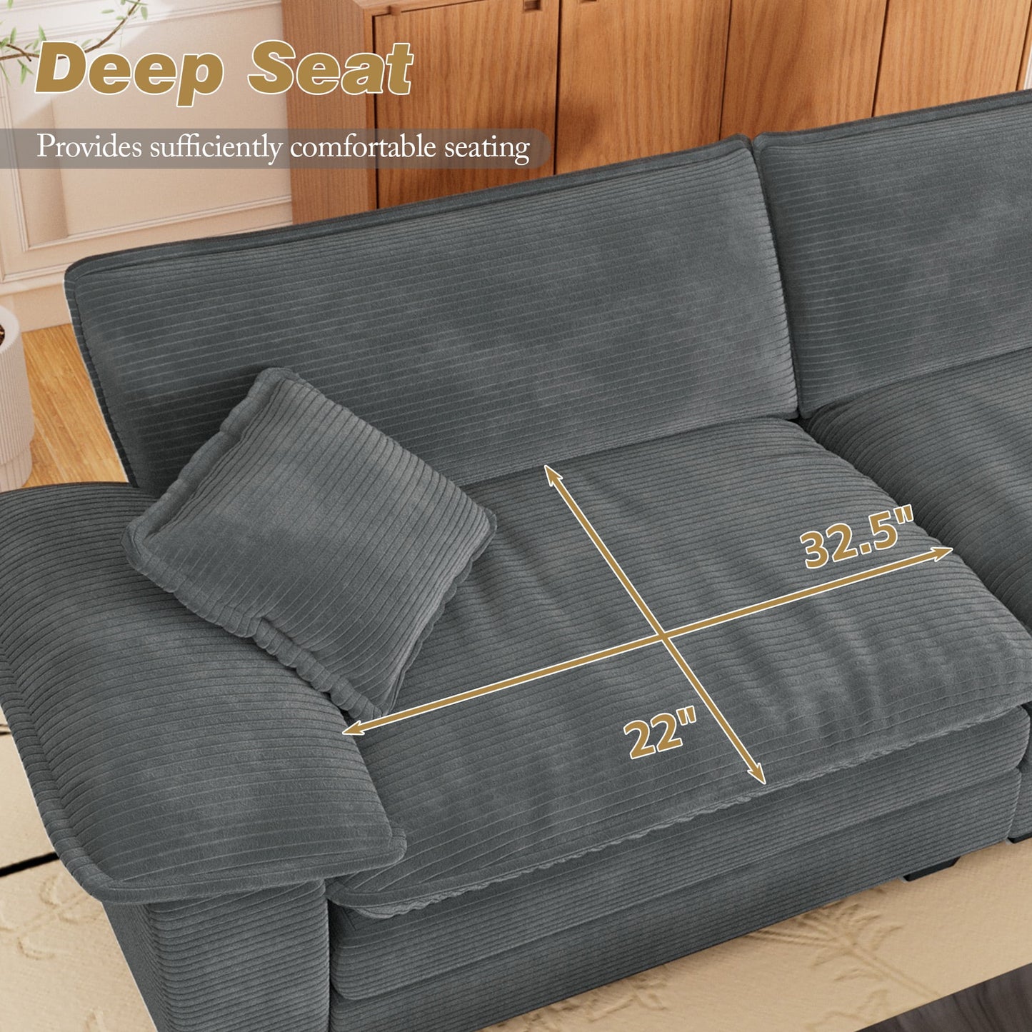 Muumblus Comfy Modular Sectional Sofa with 2 Ottoman, Deep Seat 80.5" Modern Oversized Corduroy Cloud Couch, Fluffy Deep Seat Chaise Lounge Sleeper Sofa for Living Room Apartment, Gray