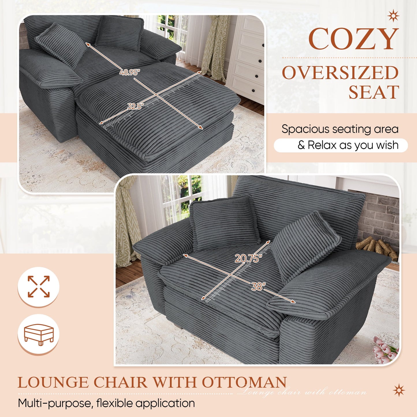 Muumblus Oversized Accent Chair with Ottoman, 48" Indoor Chaise Lounge Cloud Sofa Reading Armchair for Modern Living Room, Bedroom, Gray Corduroy