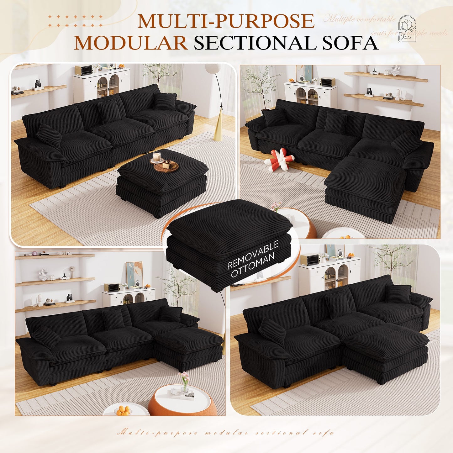 Muumblus Modular Sectional Cloud Couch with Ottoman, Oversized L-Shaped Corduroy Sofa for Living Room, Black