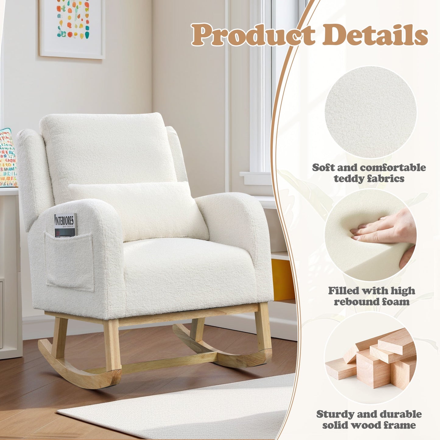 Muumblus Teddy Glider Rocking Chair for Baby Nursery, High Back, Indoor, Ivory