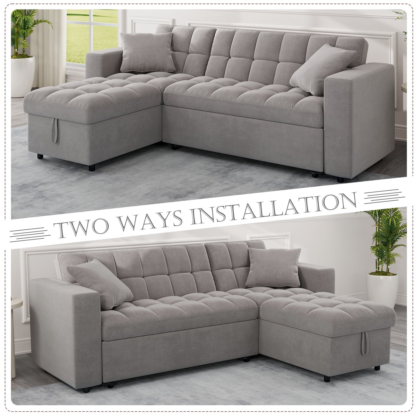 Muumblus 84" Queen Size Convertible Sectional Sleeper Sofa with Storage, Adjustable Backrest, Reversible L-Shaped Pull Out Couch Bed for Living Room, Guest Room, Gray Velvet