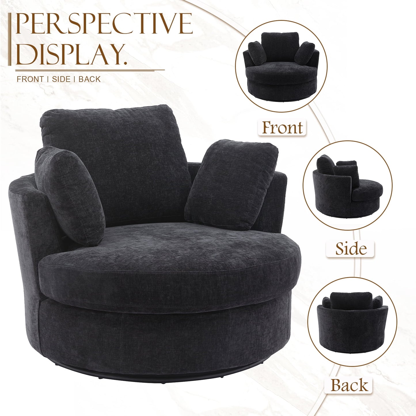 Muumblus Large Swivel Chair, Modern Oversize Accent Barrel Chair Comfy Round Armchair for Living Room, Black