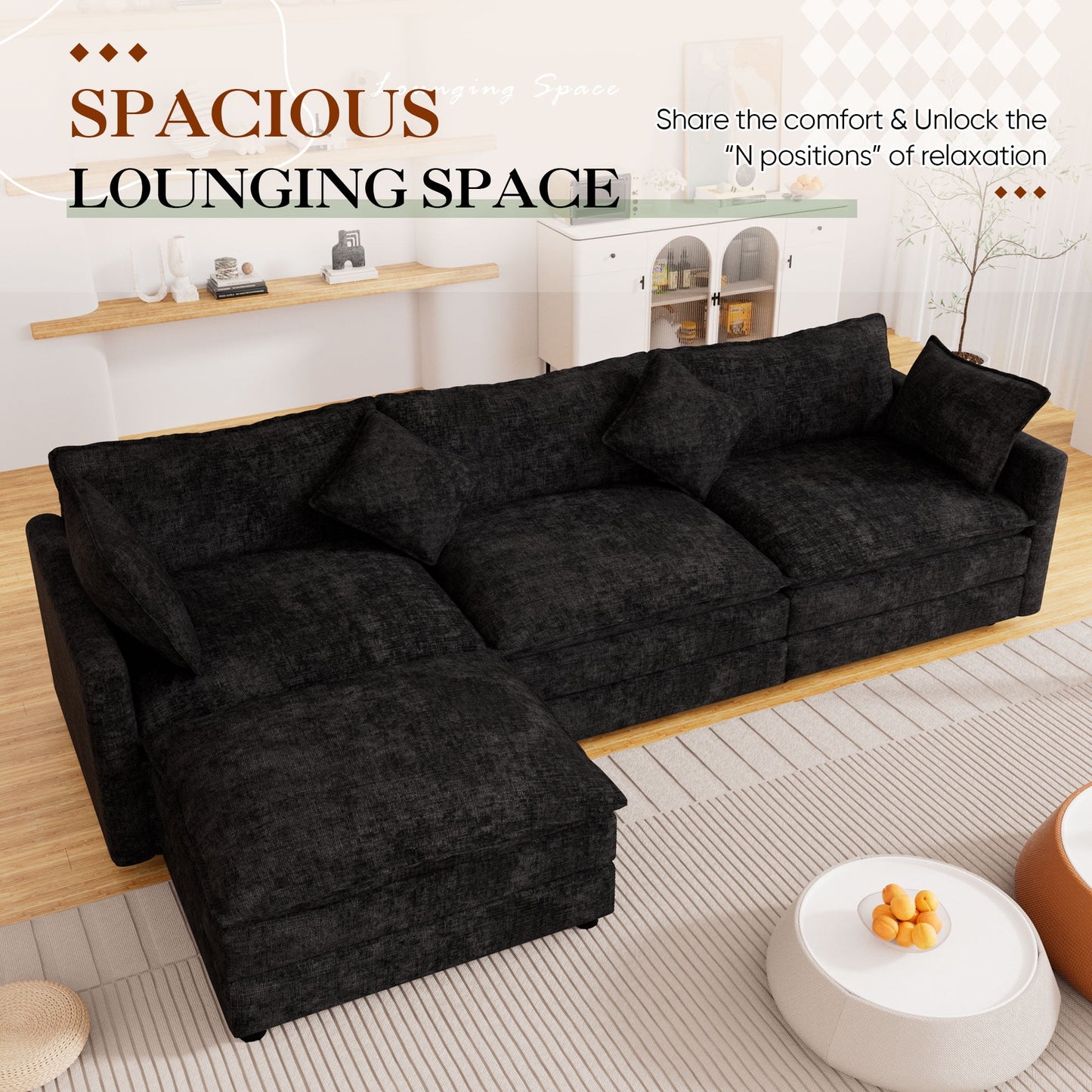 Muumblus Sectional Cloud Couch with Reversible Ottoman, L-Shaped Chenille Sofa for Living Room, Black