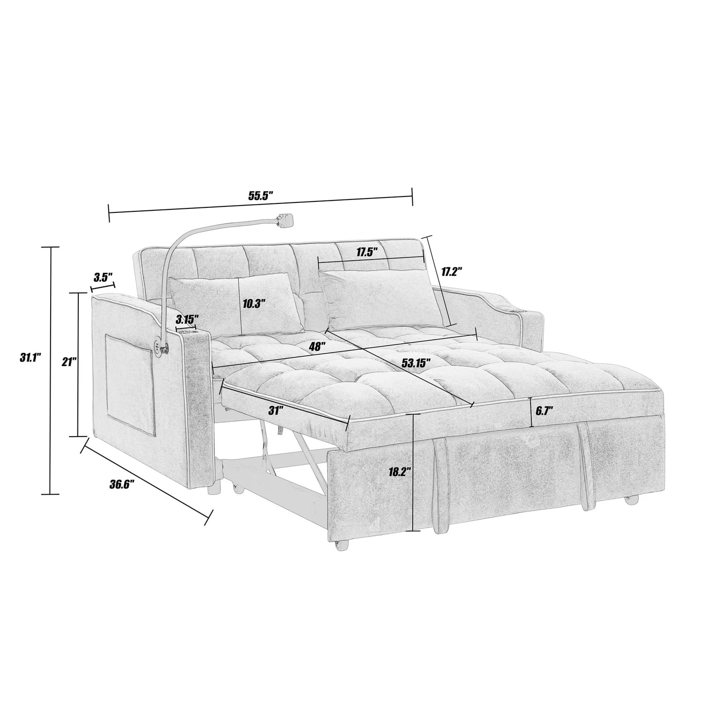 Muumblus Pull Out Sofa Bed with Phone Stand, USB Port, 3-in-1 Convertible Futon Sofa Bed, Loveseat Sleeper for Living Room/Apratment, Black Velvet