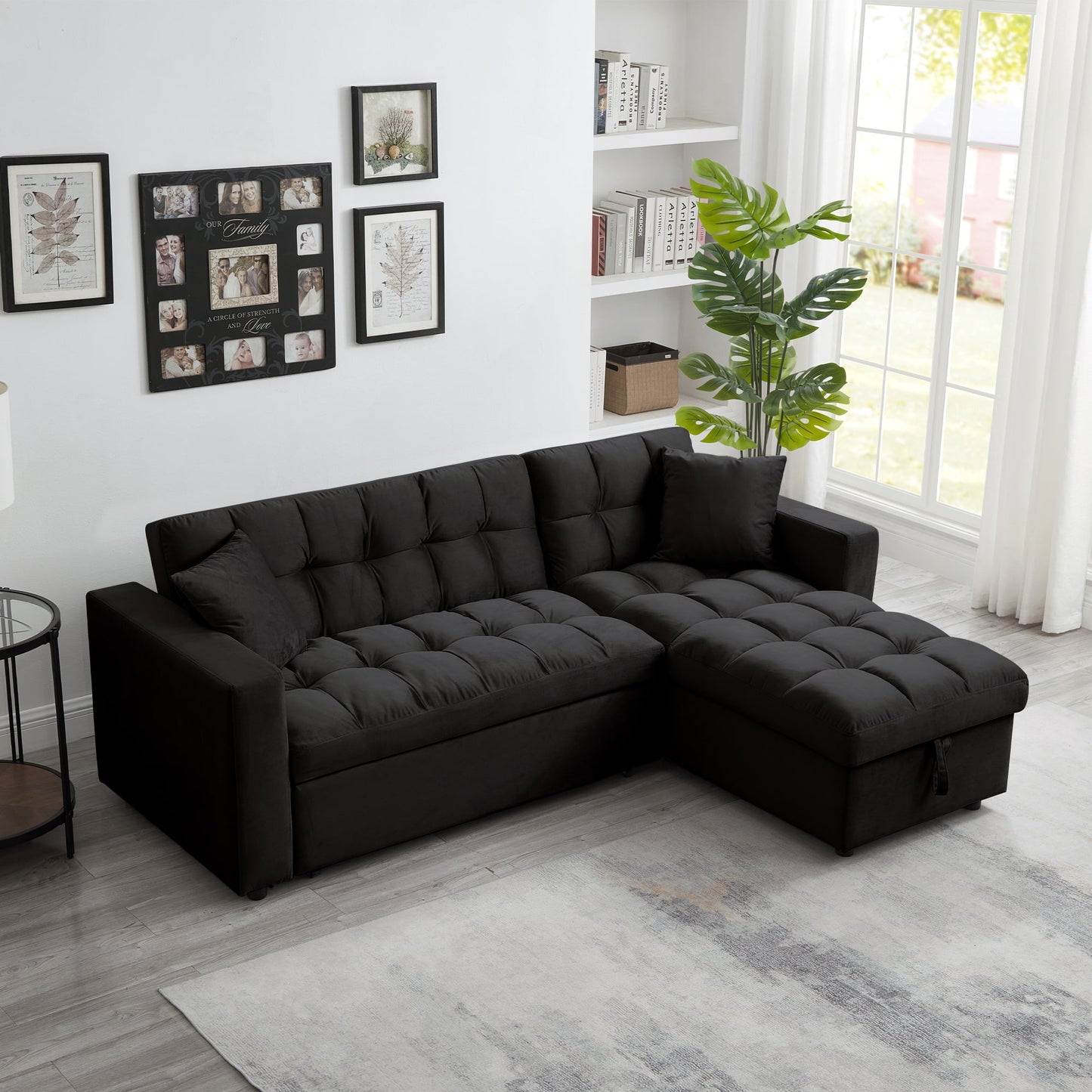 Muumblus 84" Convertible Sofa Bed, Queen Size Sleeper Sectional with Storage Chaise, Black Velvet, L-Shaped Couch for Living Room, Apartment