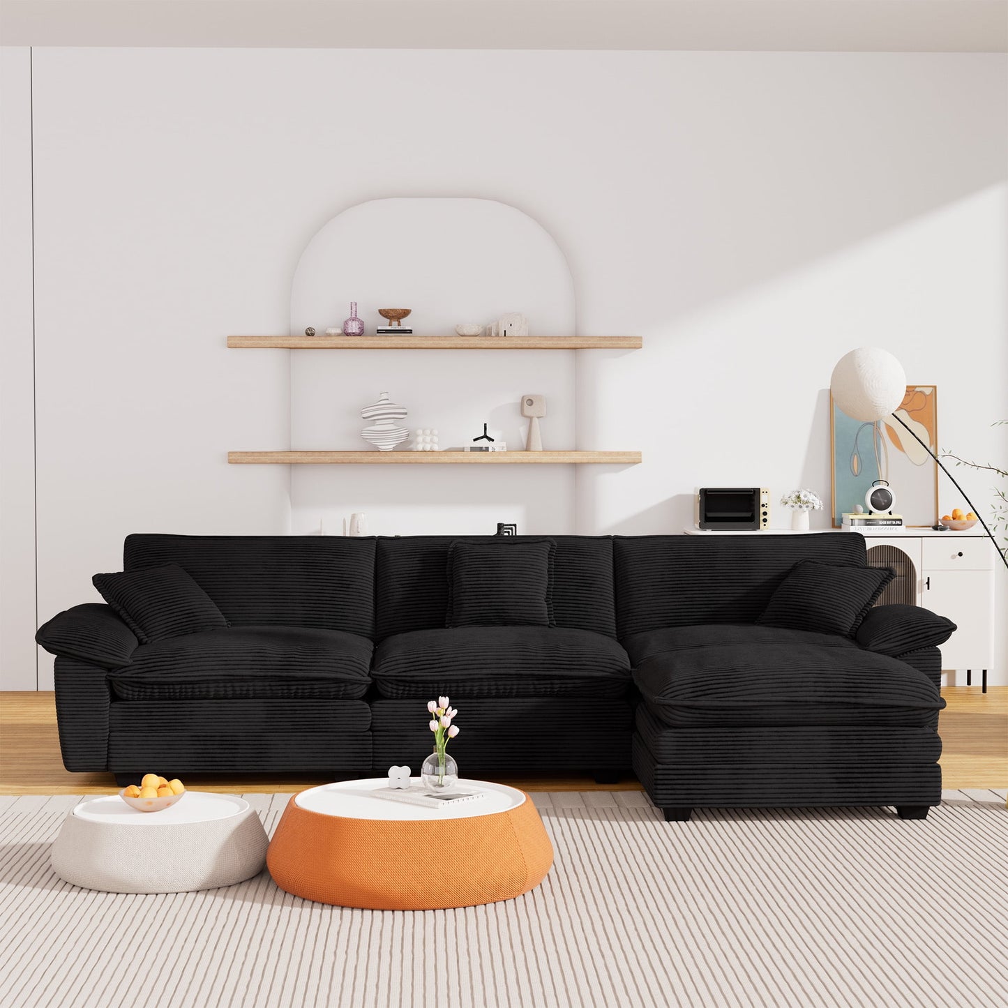 Muumblus Modular Sectional Cloud Couch with Ottoman, Oversized L-Shaped Corduroy Sofa for Living Room, Black