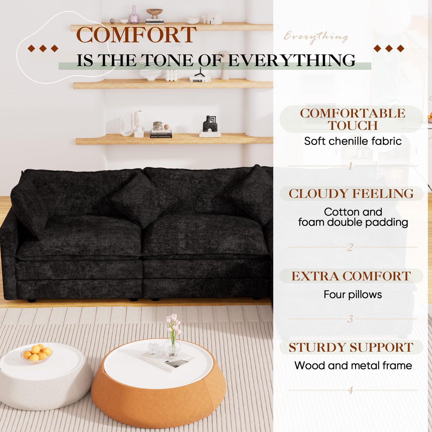 Muumblus Sectional Cloud Couch with Reversible Ottoman, L-Shaped Chenille Sofa for Living Room, Black