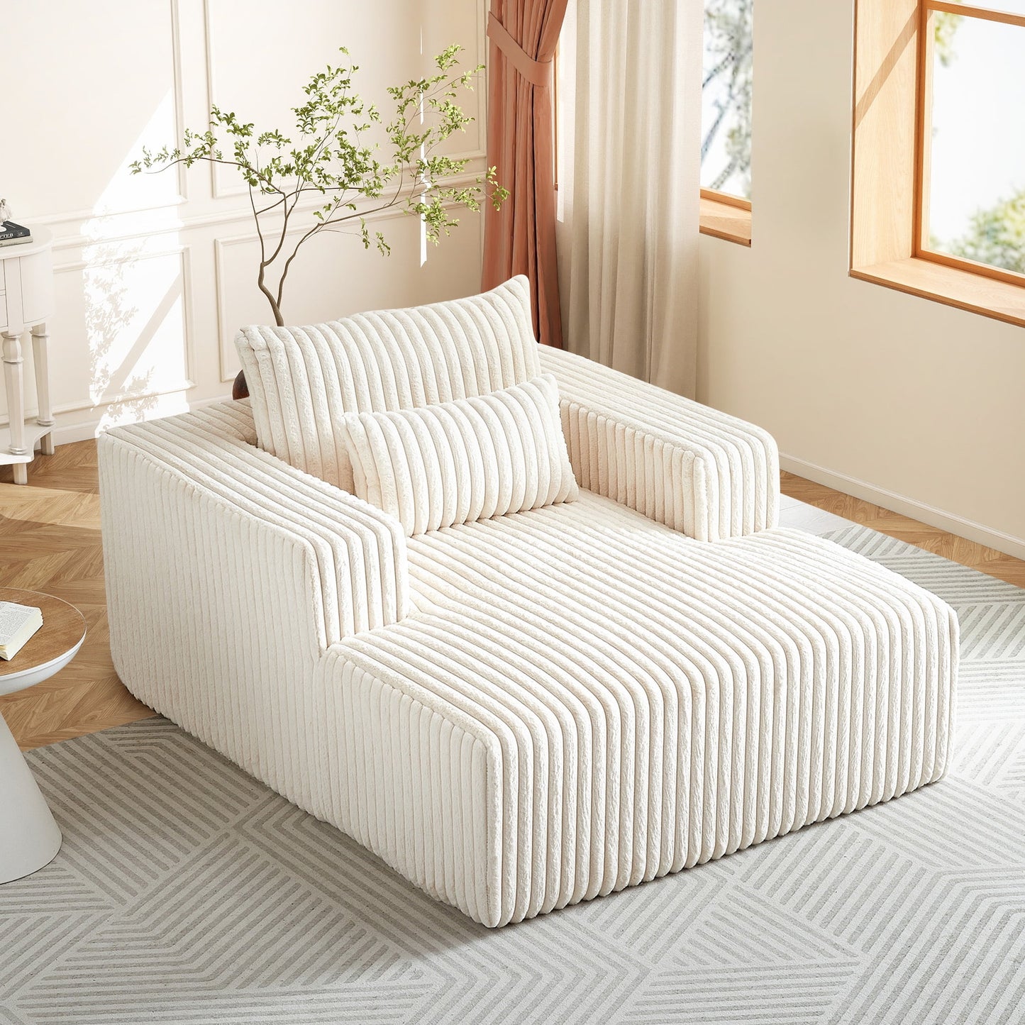 Muumblus Oversized Indoor Chaise Lounge, No Assembly Required, Cozy Corduroy Sleeper Sofa Bed, Beige