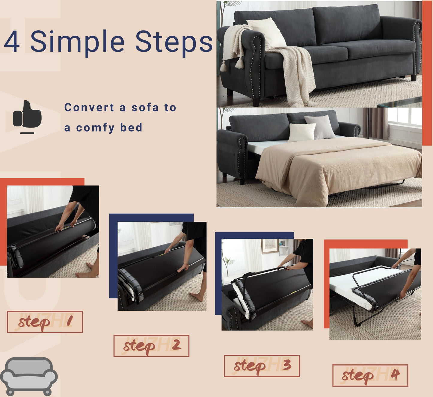 Muumblus Queen Size Sleeper Couch Bed with Memory Foam Mattress, 2-in-1 Convertible Pull Out Sofa Beds for Living Room, Bedroom, Dark Gray