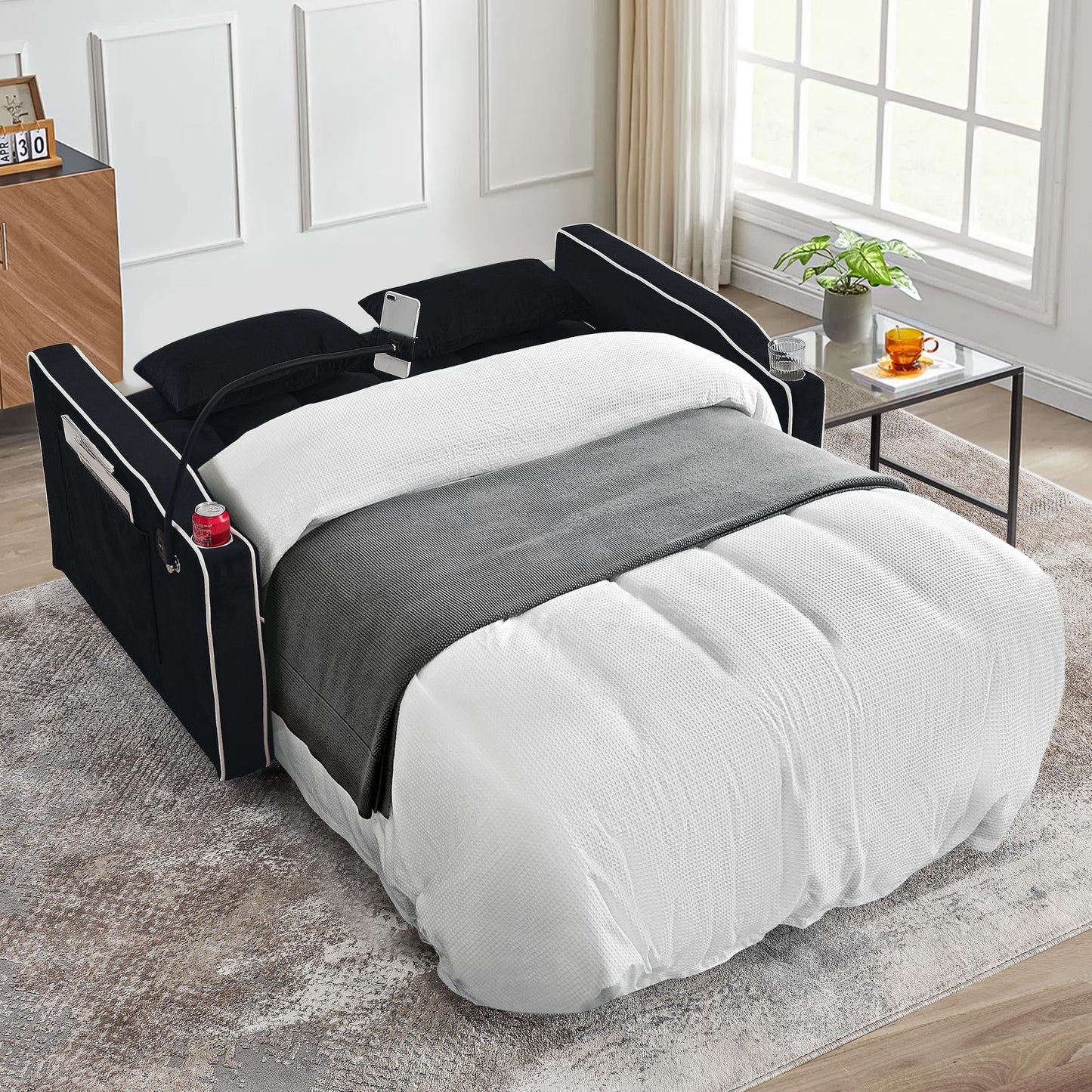 Muumblus Pull Out Sofa Bed with Phone Stand, USB Port, 3-in-1 Convertible Futon Sofa Bed, Loveseat Sleeper for Living Room/Apratment, Black Velvet