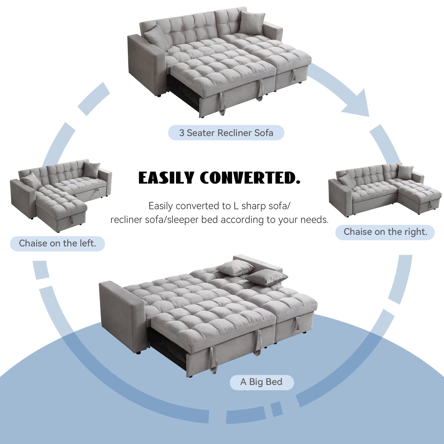Muumblus 84" Convertible Sofa Bed, Queen Size Sleeper Sectional with Storage Chaise, Gray Velvet