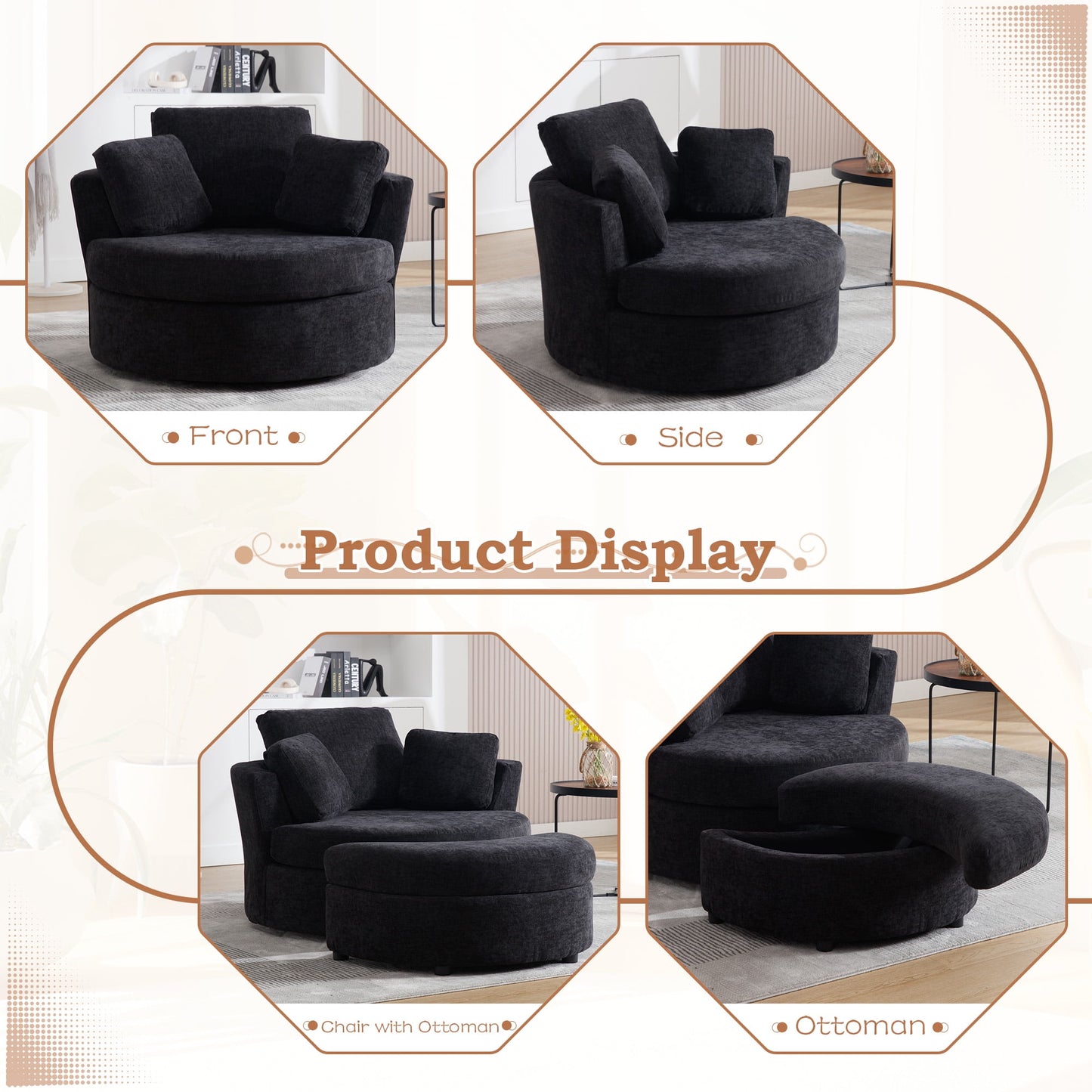 Muumblus Chenille Swivel Accent Chair Barrel Chair, Oversized Comfy Armchair with Pillows, Modern Leisure Sofa Chair for Living Room Bedroom, Black