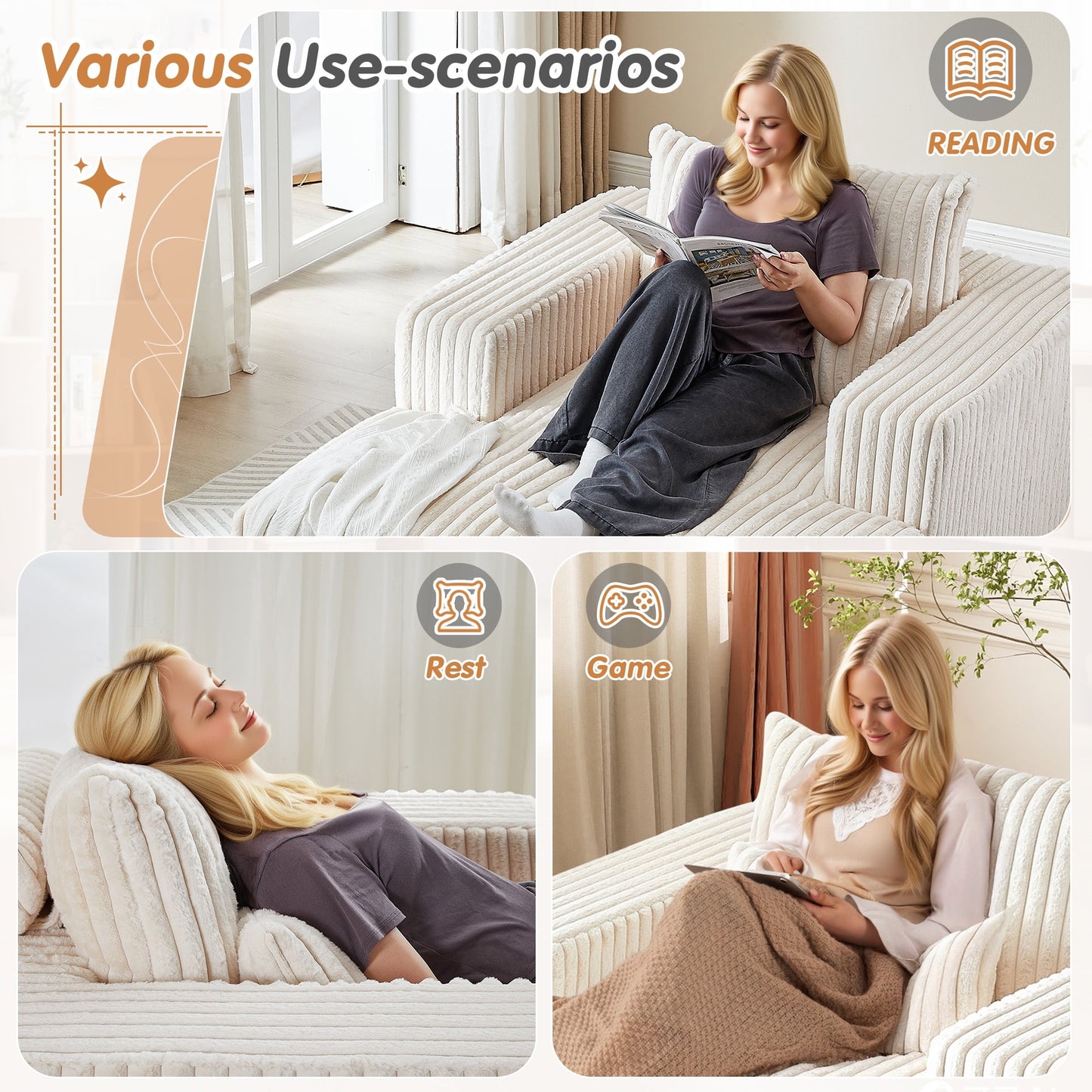 Muumblus Oversized Indoor Chaise Lounge, No Assembly Required, Cozy Corduroy Sleeper Sofa Bed, Beige