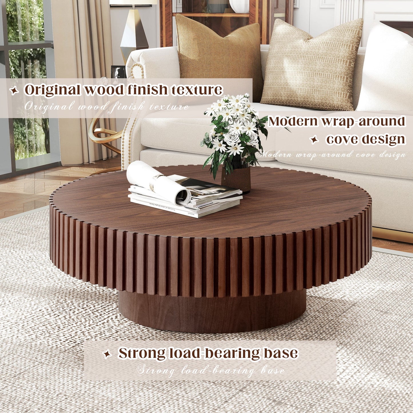 Muumblus 31.5" Walnut Coffee Table, Round Wood Modern Unique Fluted Accent Center Table for Living Room