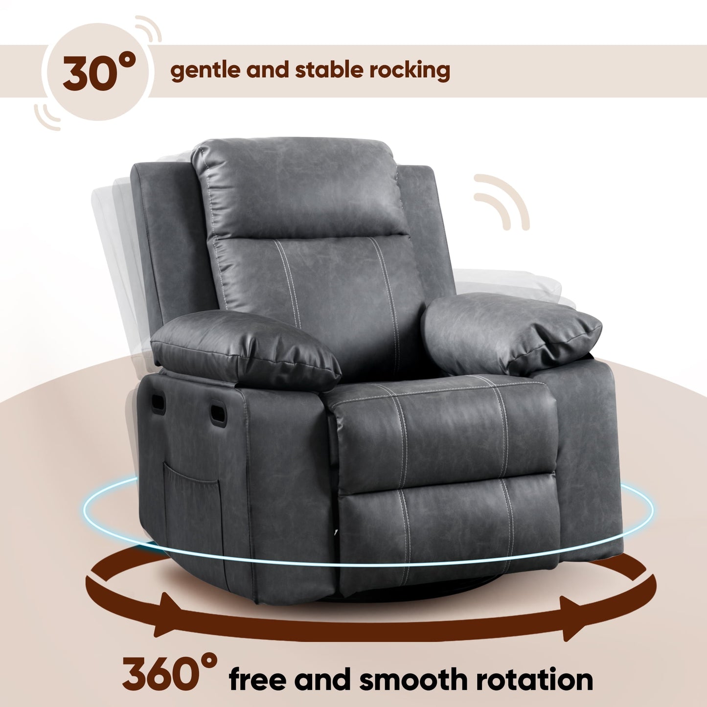 Muumblus Swivel Rocker Recliner with Heat and Massage, Power Recliner Lounge Chair for Living Room, Gray Faux Leather