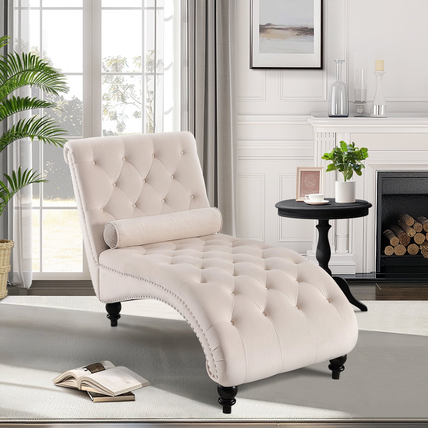 KINFFICT Velvet Chaise Lounge Indoor, Tufted lounge chair with Wood Legs, Leisure Accent Chair Upholstered Lounge Couch for Bedrooom Living Room, Beige