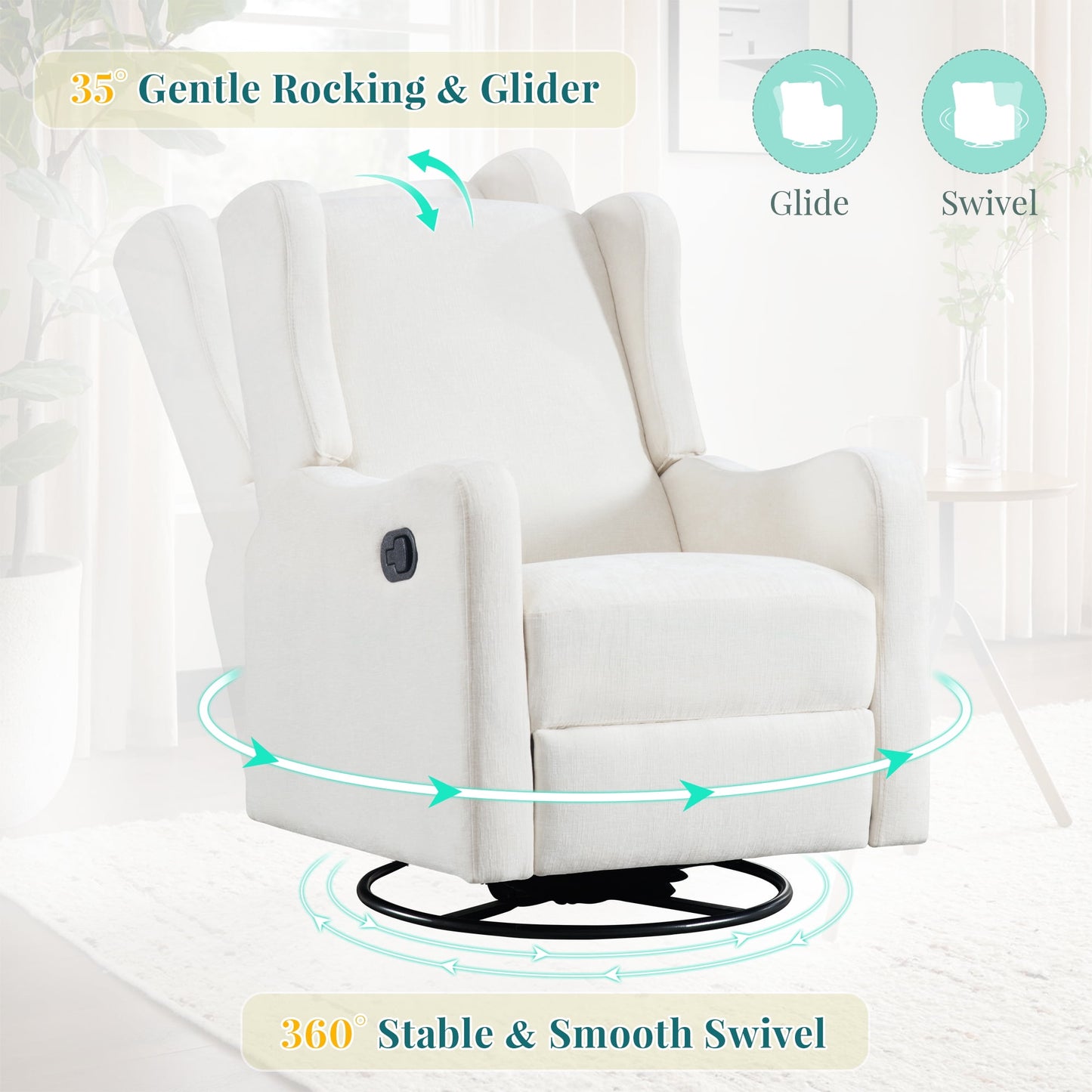 Muumblus Wingback Swivel Recliner, Glider Rocking Chair for Living Room, Nursery Rocker, Beige Chenille