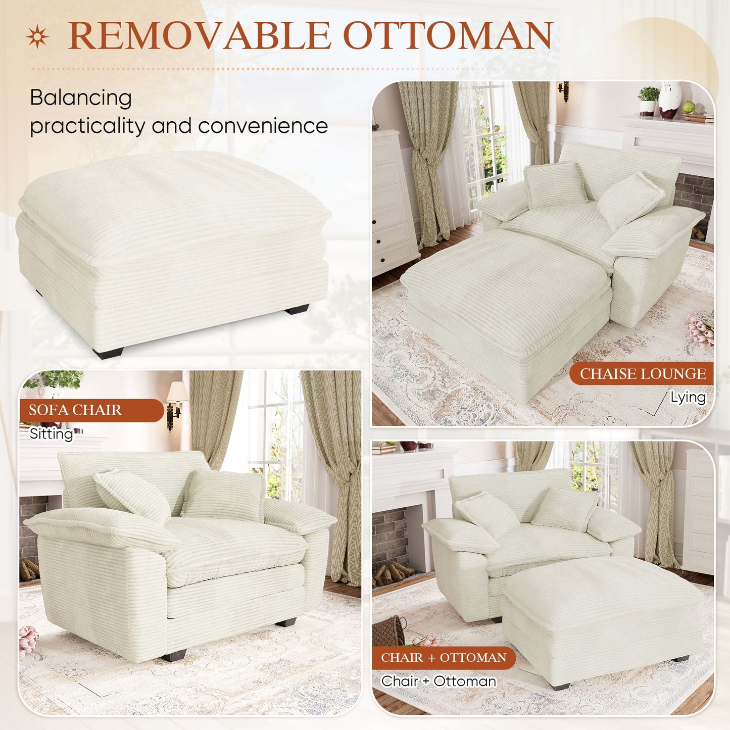 Muumblus Oversized Accent Chair with Ottoman, 48" Indoor Chaise Lounge Cloud Sofa Reading Armchair for Modern Living Room, Bedroom, Beige Corduroy