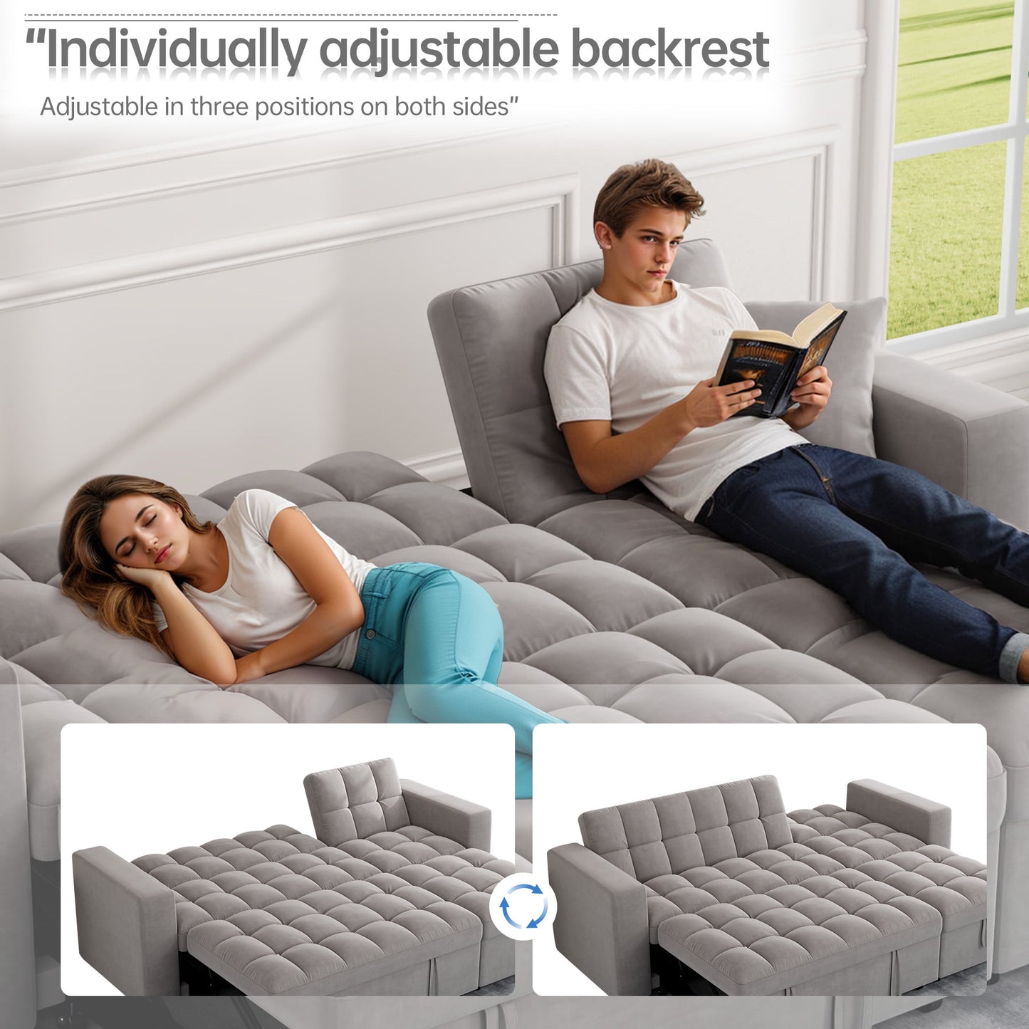 Muumblus 84" Queen Size Convertible Sectional Sleeper Sofa with Storage, Adjustable Backrest, Reversible L-Shaped Pull Out Couch Bed for Living Room, Guest Room, Gray Velvet