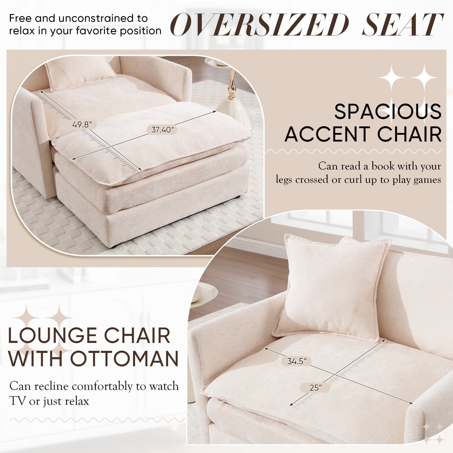 Muumblus Oversized Lounge Chair with Ottoman, Cloud Accent Armchair for Living Room, Beige Chenille