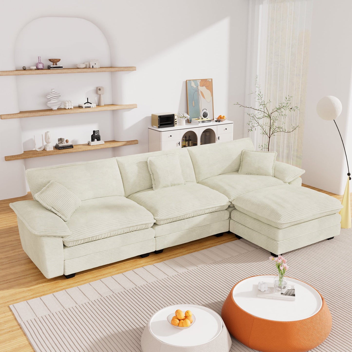 Muumblus Modular Sectional Sofa with Ottoman, Oversized L-Shaped Corduroy Couch for Living Room