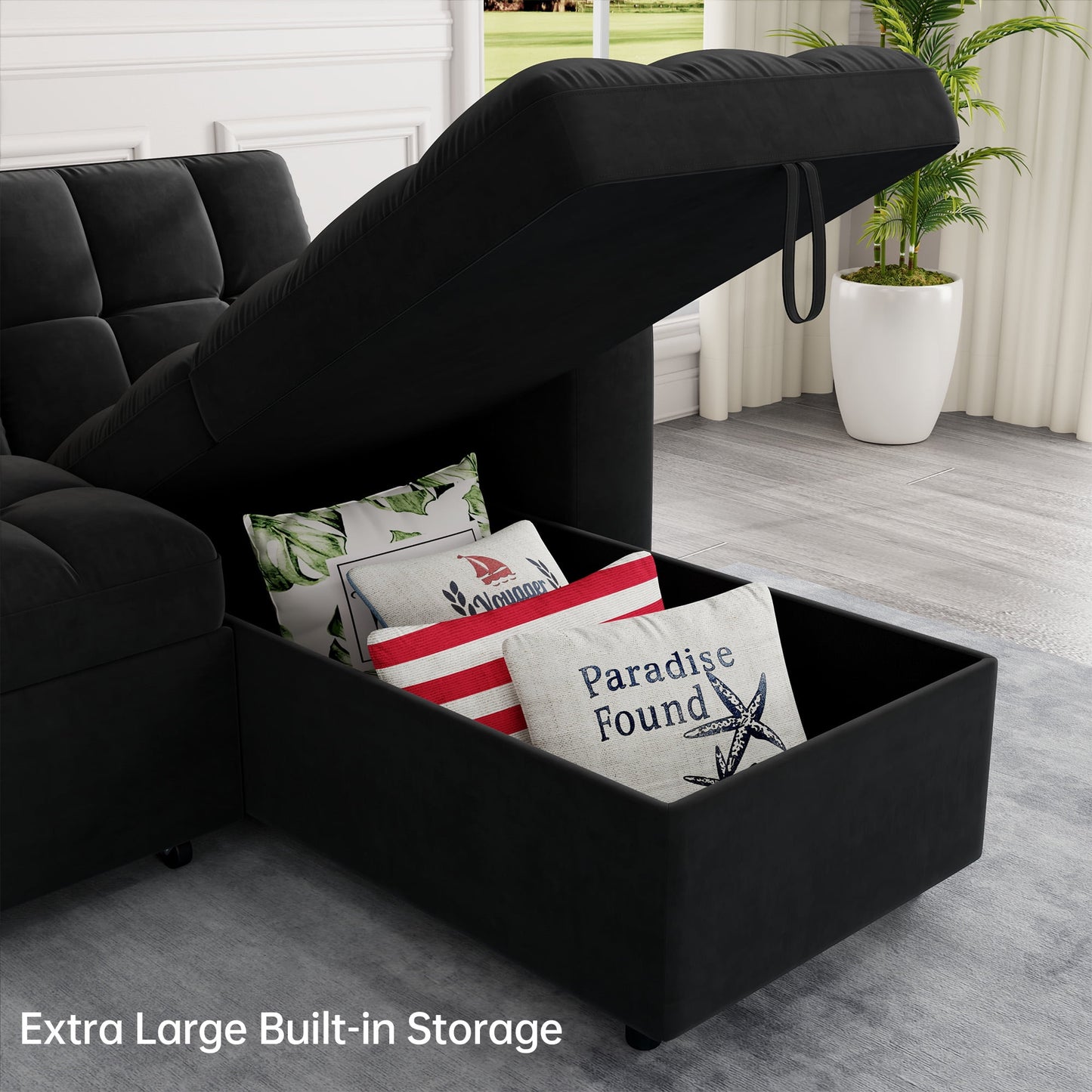 Muumblus 84" Queen Size Convertible Sectional Sleeper Sofa with Storage, Adjustable Backrest, Reversible L-Shaped Pull Out Couch Bed for Living Room, Guest Room, Black Velvet