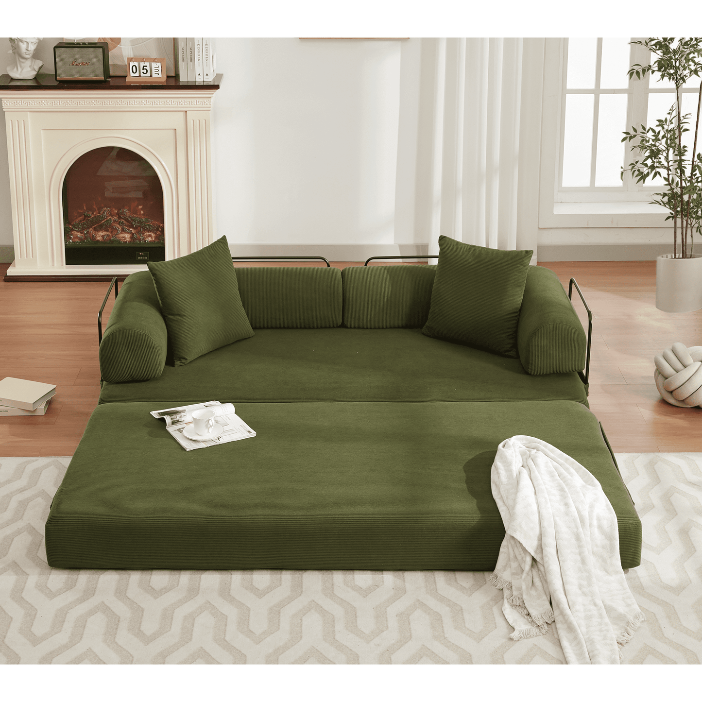 Muumblus Convertible Futon Floor Sofa Bed, Comfy Foldable Sleeper Cloud Couch for Living Room, Bedroom, Green Corduroy