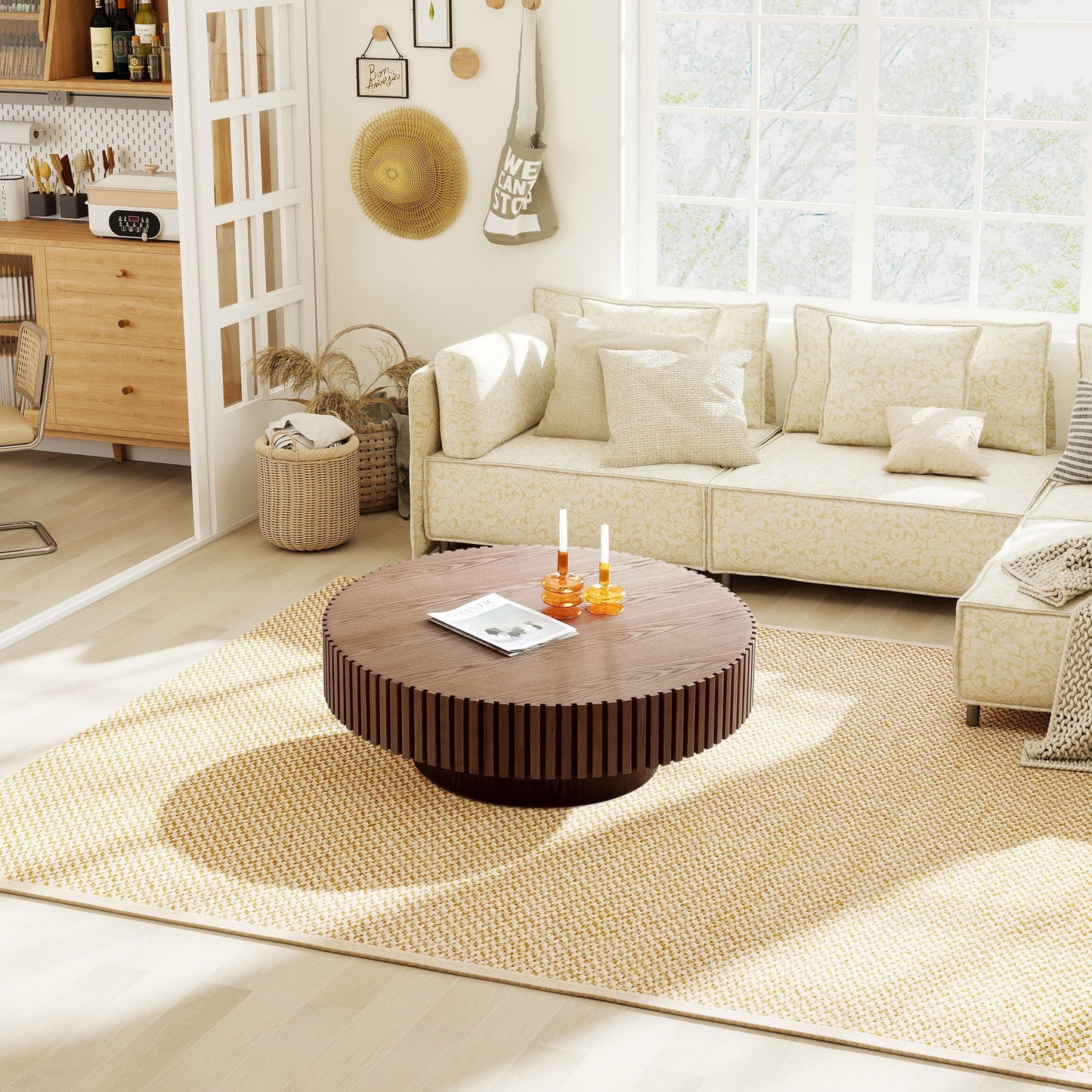Muumblus 31.5" Walnut Coffee Table, Round Wood Modern Unique Fluted Accent Center Table for Living Room
