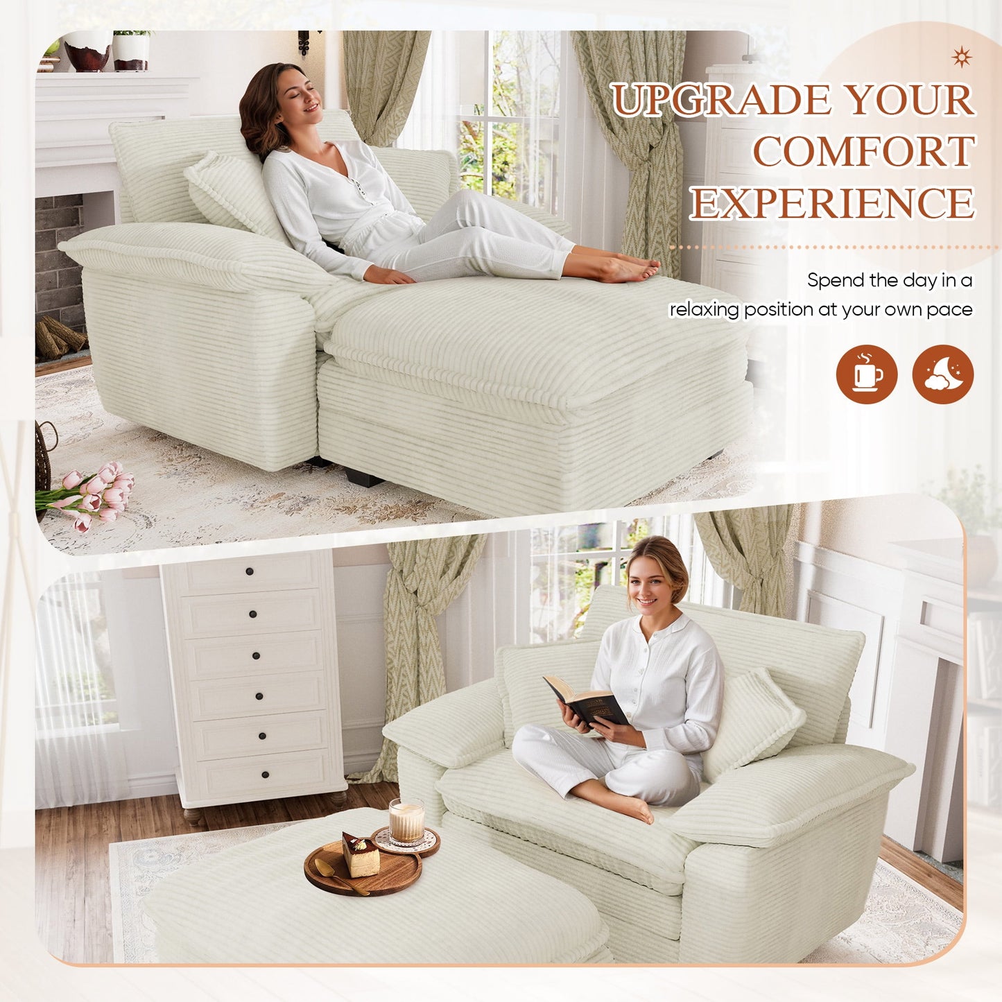 Muumblus Oversized Accent Chair with Ottoman, 48" Indoor Chaise Lounge Cloud Sofa Reading Armchair for Modern Living Room, Bedroom, Beige Corduroy